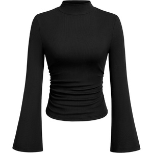 image:imagePRETTYGARDEN Womens Long Bell Sleeve Mock Neck Ribbed Tops  Ribbed Flare Bell Sleeve Top Flattering Ruched Waist Y2K Clothes Dressy Casual Shirts Fall Winter Work Going Out OutfitsBlack