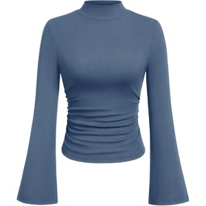 image:imagePRETTYGARDEN Womens Long Bell Sleeve Mock Neck Ribbed Tops  Ribbed Flare Bell Sleeve Top Flattering Ruched Waist Y2K Clothes Dressy Casual Shirts Fall Winter Work Going Out OutfitsGrey Blue