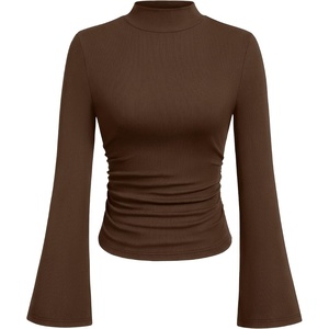 image:imagePRETTYGARDEN Womens Long Bell Sleeve Mock Neck Ribbed Tops  Ribbed Flare Bell Sleeve Top Flattering Ruched Waist Y2K Clothes Dressy Casual Shirts Fall Winter Work Going Out OutfitsBrown