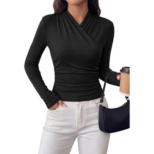 image:imagePRETTYGARDEN Womens Long Sleeve Shirts 2026 Fall V Neck Cross Wrap Going Out Top Ribbed Ruched Fitted Business Casual ClothesBlack