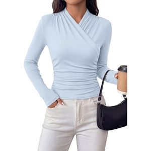 image:imagePRETTYGARDEN Womens Long Sleeve Shirts 2026 Fall V Neck Cross Wrap Going Out Top Ribbed Ruched Fitted Business Casual ClothesLight Blue