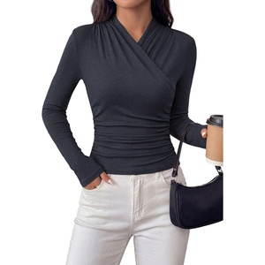 image:imagePRETTYGARDEN Womens Long Sleeve Shirts 2026 Fall V Neck Cross Wrap Going Out Top Ribbed Ruched Fitted Business Casual ClothesNavy Blue