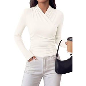 image:imagePRETTYGARDEN Womens Long Sleeve Shirts 2026 Fall V Neck Cross Wrap Going Out Top Ribbed Ruched Fitted Business Casual ClothesWhite