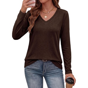 image:imagePRETTYGARDEN Womens Long Sleeve Shirts V Neck Basic Tees  Going Out Tops Soft Comfy Plain TShirts Loose Fit Tunic Blouses Casual Versatile Wear Brunch Outfits 2026 Fall ClothesDark Brown