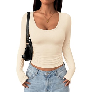 image:imagePRETTYGARDEN Womens Long Sleeve Tops 2026 Casual Scoop Neck Basic Tees Slim Fitted Tshirts Layer Knit Fall OutfitsApricot