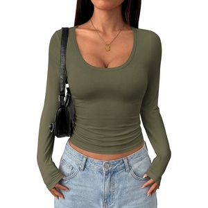image:imagePRETTYGARDEN Womens Long Sleeve Tops 2026 Casual Scoop Neck Basic Tees Slim Fitted Tshirts Layer Knit Fall OutfitsArmy Green
