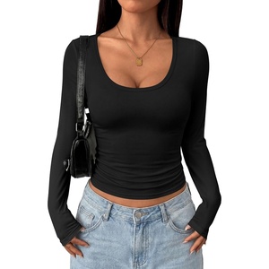 image:imagePRETTYGARDEN Womens Long Sleeve Tops 2026 Casual Scoop Neck Basic Tees Slim Fitted Tshirts Layer Knit Fall OutfitsBlack