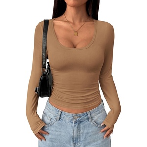 image:imagePRETTYGARDEN Womens Long Sleeve Tops 2026 Casual Scoop Neck Basic Tees Slim Fitted Tshirts Layer Knit Fall OutfitsKhaki