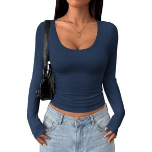 image:imagePRETTYGARDEN Womens Long Sleeve Tops 2026 Casual Scoop Neck Basic Tees Slim Fitted Tshirts Layer Knit Fall OutfitsNavy