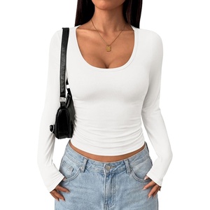 image:imagePRETTYGARDEN Womens Long Sleeve Tops 2026 Casual Scoop Neck Basic Tees Slim Fitted Tshirts Layer Knit Fall OutfitsWhite