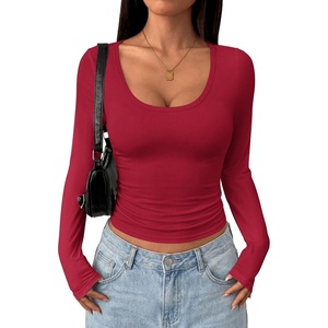 image:imagePRETTYGARDEN Womens Long Sleeve Tops 2026 Casual Scoop Neck Basic Tees Slim Fitted Tshirts Layer Knit Fall OutfitsWine Red