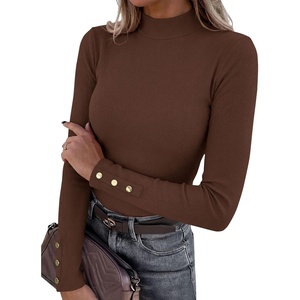 image:imagePRETTYGARDEN Womens Ribbed Mock Neck Long Sleeve Tops  Slim Fitted TShirts Soft Stretch Decorative Buttons Going Out Work Casual Wear Fall Outfits Layering Winter ClothesBrown