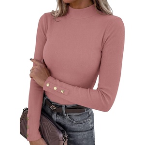 image:imagePRETTYGARDEN Womens Ribbed Mock Neck Long Sleeve Tops  Slim Fitted TShirts Soft Stretch Decorative Buttons Going Out Work Casual Wear Fall Outfits Layering Winter ClothesPink