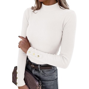 image:imagePRETTYGARDEN Womens Ribbed Mock Neck Long Sleeve Tops  Slim Fitted TShirts Soft Stretch Decorative Buttons Going Out Work Casual Wear Fall Outfits Layering Winter ClothesWhite