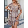image:imagePRETTYGARDEN Womens 2026 Floral Summer Short Dress Square Neck Short Sleeve Tiered Ruffle Boho Swing DressesArmy Green Floral