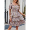 image:imagePRETTYGARDEN Womens 2026 Floral Summer Short Dress Square Neck Short Sleeve Tiered Ruffle Boho Swing DressesArmy Green Floral