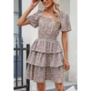 image:imagePRETTYGARDEN Womens 2026 Floral Summer Short Dress Square Neck Short Sleeve Tiered Ruffle Boho Swing DressesArmy Green Floral