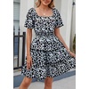 image:imagePRETTYGARDEN Womens 2026 Floral Summer Short Dress Square Neck Short Sleeve Tiered Ruffle Boho Swing DressesBlack Blue Floral