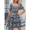 image:imagePRETTYGARDEN Womens 2026 Floral Summer Short Dress Square Neck Short Sleeve Tiered Ruffle Boho Swing DressesBlack Blue Floral