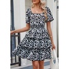 image:imagePRETTYGARDEN Womens 2026 Floral Summer Short Dress Square Neck Short Sleeve Tiered Ruffle Boho Swing DressesBlack Blue Floral
