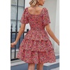 image:imagePRETTYGARDEN Womens 2026 Floral Summer Short Dress Square Neck Short Sleeve Tiered Ruffle Boho Swing DressesBlack Orange Floral