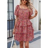 image:imagePRETTYGARDEN Womens 2026 Floral Summer Short Dress Square Neck Short Sleeve Tiered Ruffle Boho Swing DressesBlack Orange Floral
