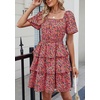 image:imagePRETTYGARDEN Womens 2026 Floral Summer Short Dress Square Neck Short Sleeve Tiered Ruffle Boho Swing DressesBlack Orange Floral