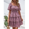 image:imagePRETTYGARDEN Womens 2026 Floral Summer Short Dress Square Neck Short Sleeve Tiered Ruffle Boho Swing DressesBlack Pink Floral
