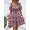 image:imagePRETTYGARDEN Womens 2026 Floral Summer Short Dress Square Neck Short Sleeve Tiered Ruffle Boho Swing DressesBlack Pink Floral