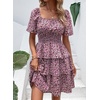 image:imagePRETTYGARDEN Womens 2026 Floral Summer Short Dress Square Neck Short Sleeve Tiered Ruffle Boho Swing DressesBlack Pink Floral