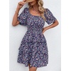 image:imagePRETTYGARDEN Womens 2026 Floral Summer Short Dress Square Neck Short Sleeve Tiered Ruffle Boho Swing DressesBlue Purple Floral