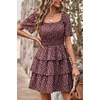 image:imagePRETTYGARDEN Womens 2026 Floral Summer Short Dress Square Neck Short Sleeve Tiered Ruffle Boho Swing DressesCoffee
