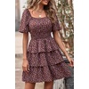 image:imagePRETTYGARDEN Womens 2026 Floral Summer Short Dress Square Neck Short Sleeve Tiered Ruffle Boho Swing DressesCoffee