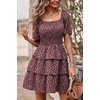 image:imagePRETTYGARDEN Womens 2026 Floral Summer Short Dress Square Neck Short Sleeve Tiered Ruffle Boho Swing DressesCoffee