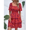 image:imagePRETTYGARDEN Womens 2026 Floral Summer Short Dress Square Neck Short Sleeve Tiered Ruffle Boho Swing DressesOrange Purple Floral