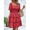 image:imagePRETTYGARDEN Womens 2026 Floral Summer Short Dress Square Neck Short Sleeve Tiered Ruffle Boho Swing DressesOrange Purple Floral