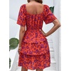 image:imagePRETTYGARDEN Womens 2026 Floral Summer Short Dress Square Neck Short Sleeve Tiered Ruffle Boho Swing DressesOrange Purple Floral