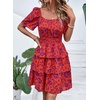 image:imagePRETTYGARDEN Womens 2026 Floral Summer Short Dress Square Neck Short Sleeve Tiered Ruffle Boho Swing DressesOrange Purple Floral