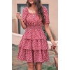 image:imagePRETTYGARDEN Womens 2026 Floral Summer Short Dress Square Neck Short Sleeve Tiered Ruffle Boho Swing DressesRed