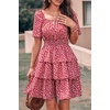 image:imagePRETTYGARDEN Womens 2026 Floral Summer Short Dress Square Neck Short Sleeve Tiered Ruffle Boho Swing DressesRed