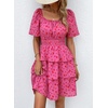 image:imagePRETTYGARDEN Womens 2026 Floral Summer Short Dress Square Neck Short Sleeve Tiered Ruffle Boho Swing DressesRed Floral