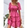 image:imagePRETTYGARDEN Womens 2026 Floral Summer Short Dress Square Neck Short Sleeve Tiered Ruffle Boho Swing DressesRed Floral