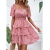 image:imagePRETTYGARDEN Womens 2026 Floral Summer Short Dress Square Neck Short Sleeve Tiered Ruffle Boho Swing DressesRed Pink Floral