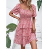image:imagePRETTYGARDEN Womens 2026 Floral Summer Short Dress Square Neck Short Sleeve Tiered Ruffle Boho Swing DressesRed Pink Floral