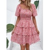 image:imagePRETTYGARDEN Womens 2026 Floral Summer Short Dress Square Neck Short Sleeve Tiered Ruffle Boho Swing DressesRed Pink Floral
