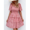 image:imagePRETTYGARDEN Womens 2026 Floral Summer Short Dress Square Neck Short Sleeve Tiered Ruffle Boho Swing DressesRed Pink Floral