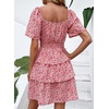image:imagePRETTYGARDEN Womens 2026 Floral Summer Short Dress Square Neck Short Sleeve Tiered Ruffle Boho Swing DressesRed Pink Floral