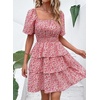 image:imagePRETTYGARDEN Womens 2026 Floral Summer Short Dress Square Neck Short Sleeve Tiered Ruffle Boho Swing DressesRed Pink Floral