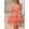 image:imagePRETTYGARDEN Womens 2026 Floral Summer Short Dress Square Neck Short Sleeve Tiered Ruffle Boho Swing DressesRose Red Floral