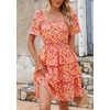 image:imagePRETTYGARDEN Womens 2026 Floral Summer Short Dress Square Neck Short Sleeve Tiered Ruffle Boho Swing DressesRose Red Floral